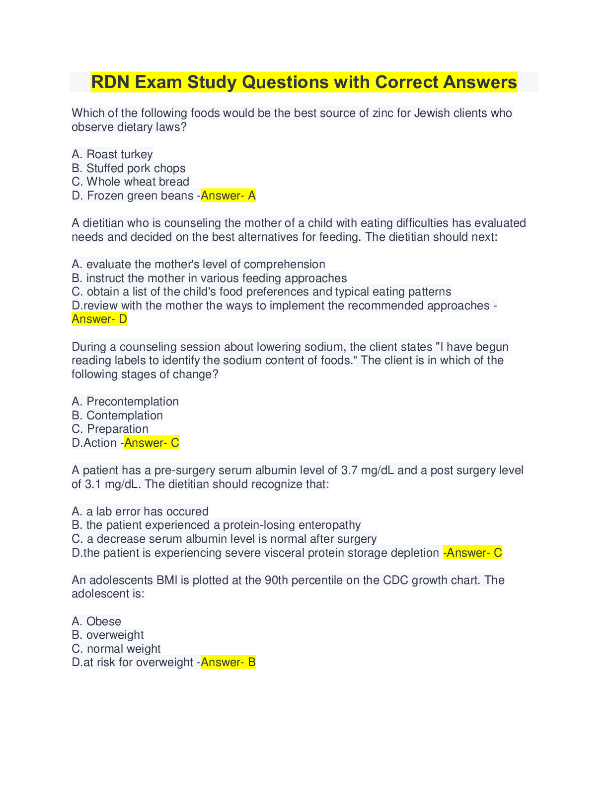 Preview image of RDN Exam Study Questions with Correct Answers document